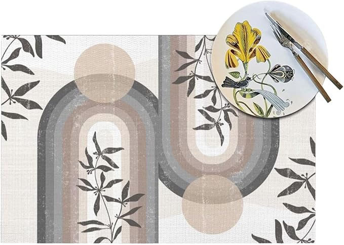 Boho Leaf Mid Century Placematss, Bohemian Plant Mid Century Palm Tropical Abstract Modern Washable Place Mats 12x18Inch for Dining Kitchen Farmhouse Decor 6 PCS