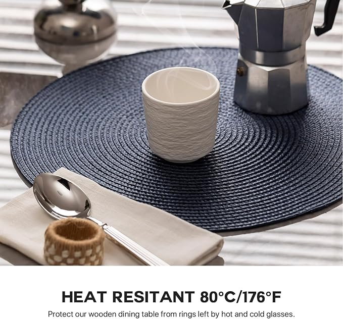 Round Placemats Set of 8 Plastic Woven Placemats Washable Wipeable Table Mats for Dining Table Heat Resistant Non-Slip Circle Place Mats (Navy Blue)