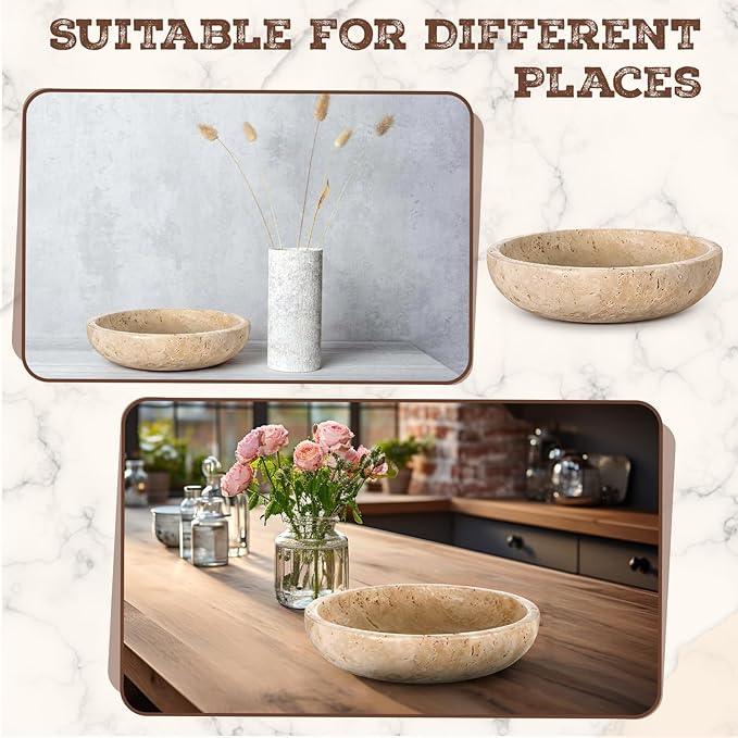 LemonRoad Travertine Decorative Bowl 7.8"x 2" Marble Round Stone Bowl for Entryway Key, Fruit, Kitchen Counter, Dining Table Centerpiece, Office Decor(Beige)