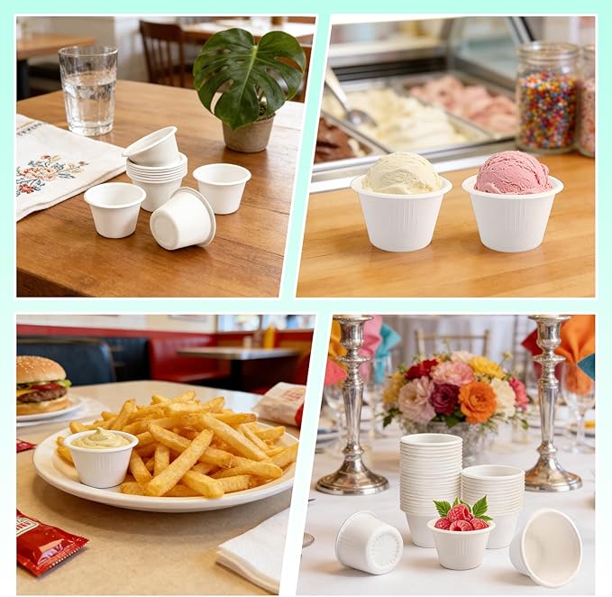 LeonBach 100 Pack Natural Bagasse Fiber Bowls,4oz Small Disposable Paper Bowls Microwavable Safe Sample Snack Cups Charcuterie Serving Cups for Sauce Portion Condiment Ice Cream Desserts, White