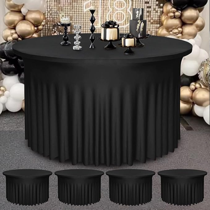 4 Pack Black Round Table Skirt, 60 Inch Diameter x 30 Inch Height, Stretch Polyester Spandex Tablecloth for 5ft Round Tables, Stain & Wrinkle Resistant for Wedding, Banquet Decor