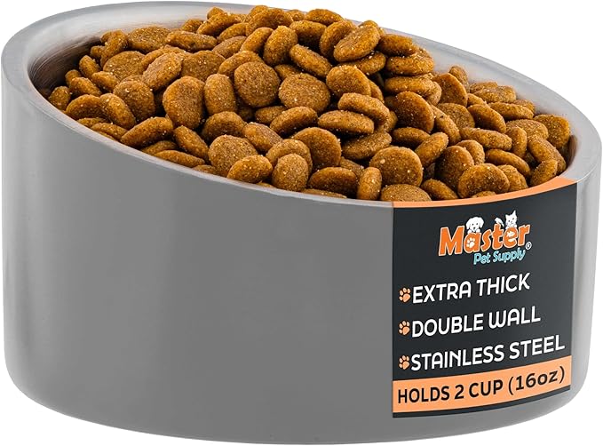 Master Pet Supply Stainless Steel Slanted Dog Cat Food Bowl - 16 oz Heavy Duty - Graphite, Double Wall Insulated, Non-Slip Elevated Bowl for French Bulldogs Pugs Cats, Anti Rust Dishwasher Safe