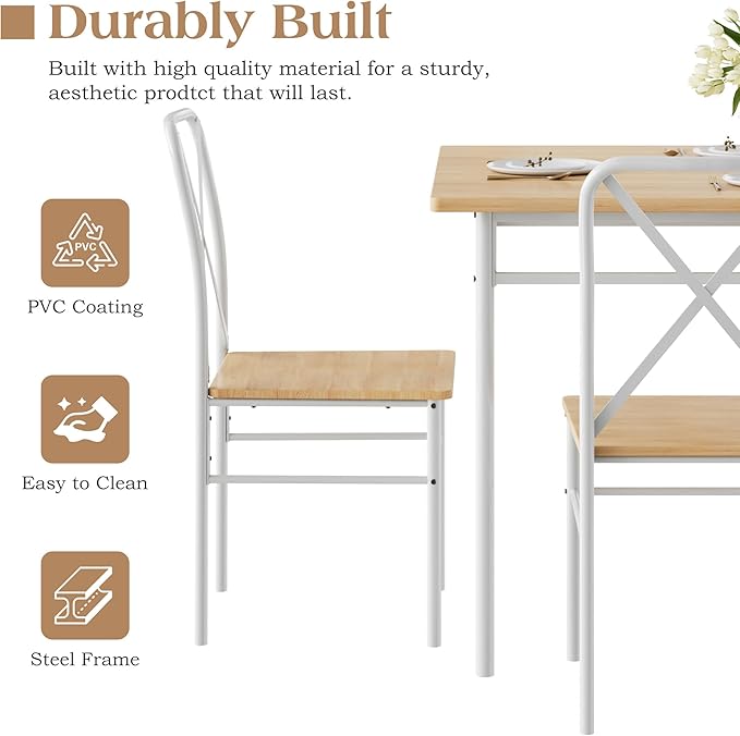 VECELO 5-Piece Kitchen Dining Table Set, Wood Tabletop & Heavy-Duty Metel Frame, Rectangle Dinette with 4 Chairs for Small Space, Breakfast Nook, Natural White