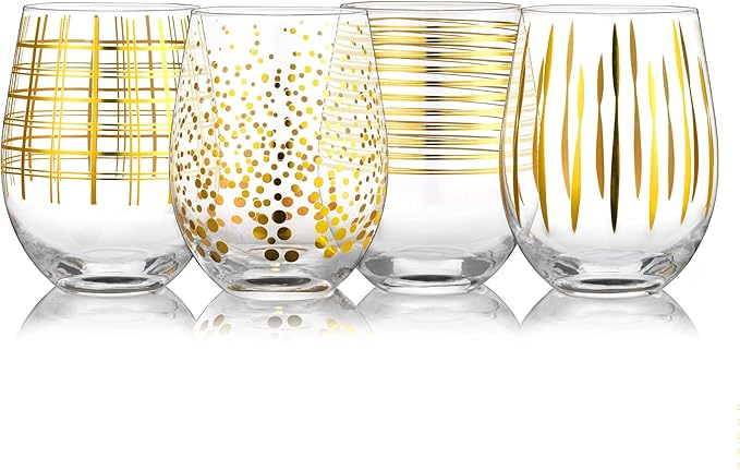 Joeyan Hand Blown Stemless Wine Glasses with Gold Dots Swirls Grids Strips Pattern for Red White Wine,Large Drinking Glass Cups,Wine Glass Tumblers for Wedding Party Home,Set of 4,17.5 oz
