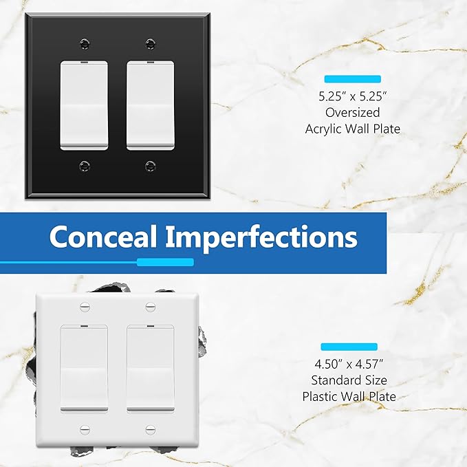 LIDER Double Decorator Wall Plate, Impact Resistant, Mirrored, Plexiglass Dual Outlet Cover or Light Switch Cover, Acrylic, Reflective Finish, Modern, Oversized 2-Gang 5.25" x 5.25", Black, 5 Pack