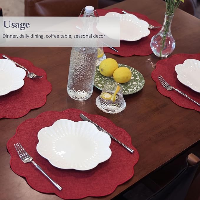 AHHFSMEI Round Faux Linen Placemats Set of 6 Waterproof Table Mats Heat Resistant Non-Slip and Stain Proof for Kitchen Dining Elegant Decor (Burgendy red,6)