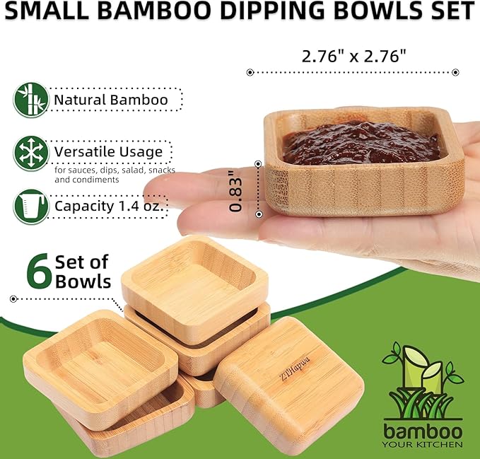 Snack Bowl Set, Small Bamboo Sauce Dish Dipping Bowls for Appetizers, Dips, Sauce, Nuts, Candy, Olives, Seeds, Desserts and More, Square 1.4 oz