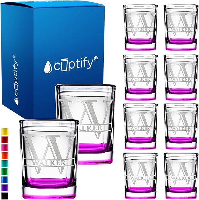 Personalized Square Shot Glasses Set of 10 Pink Bottom 2oz Engraved Initial and Name Custom Gifts, Weddings, Birthdays, Bachelorette Party and Decorations for Women