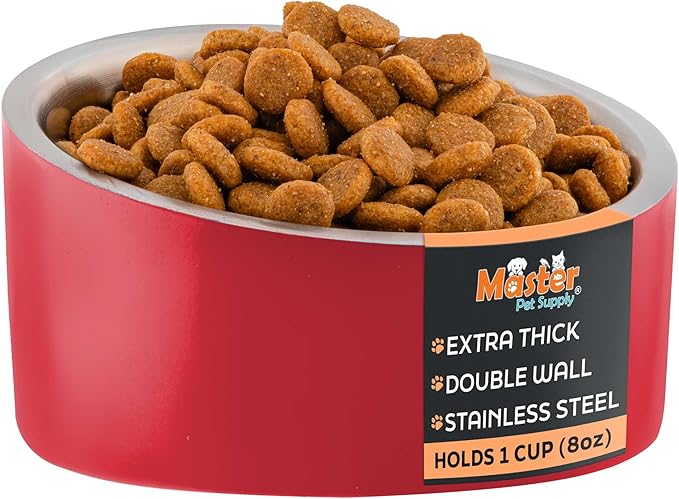 Master Pet Supply Stainless Steel Slanted Dog Cat Food Bowl - 8 oz Heavy Duty - Crimson Flame, Double Wall Insulated, Non-Slip Elevated Bowl for French Bulldogs Pugs Cats, Anti Rust Dishwasher Safe