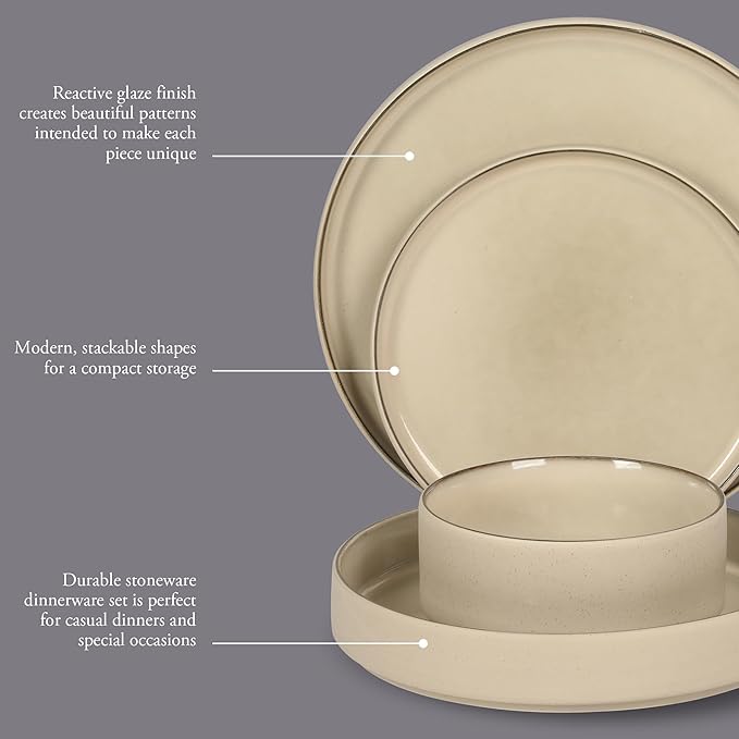 Gibson Elite Liberty Bay 16-Piece Pottery Clay Stoneware Dinnerware Set – Taupe Reactive Glaze, Stackable Plates and Bowls W/Pasta Bowl, Service for 4 – Microwave & Dishwasher Safe