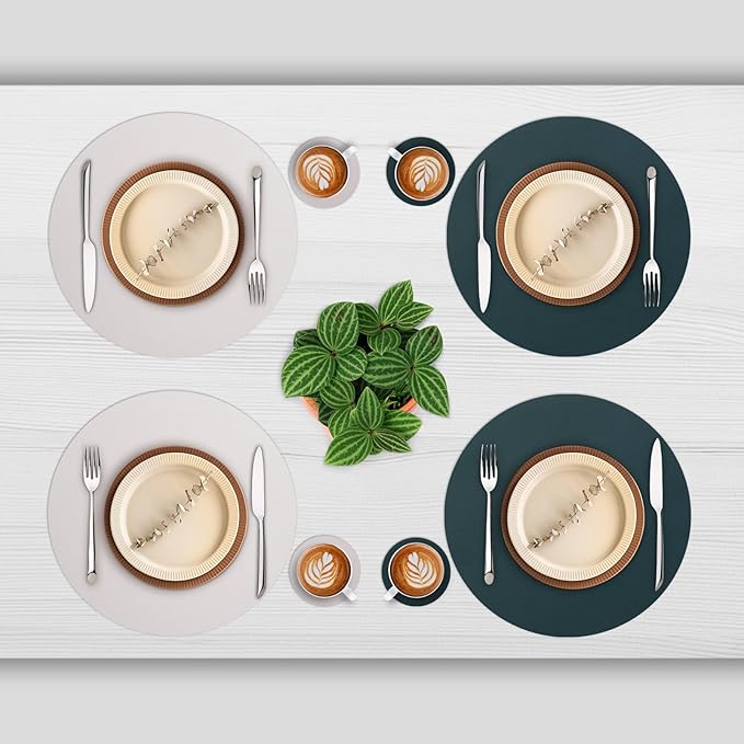 Myir JUN Round Placemats Set of 4 Faux Leather Place Mats and Coasters 15 inch Round Table Mats Dual Sided Non-Slip Stain Resistant Placemats (Beige & Green, Set of 4)