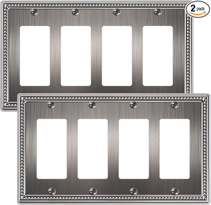 2-Pack Quad Decorator Outlet Cover Plate, Silver Pearls Decorative Switch Plates and Outlet Covers, Metal Wall Plates for Electrical Outlets, Receptacle, GFCI Outlet, Dimmer Switch