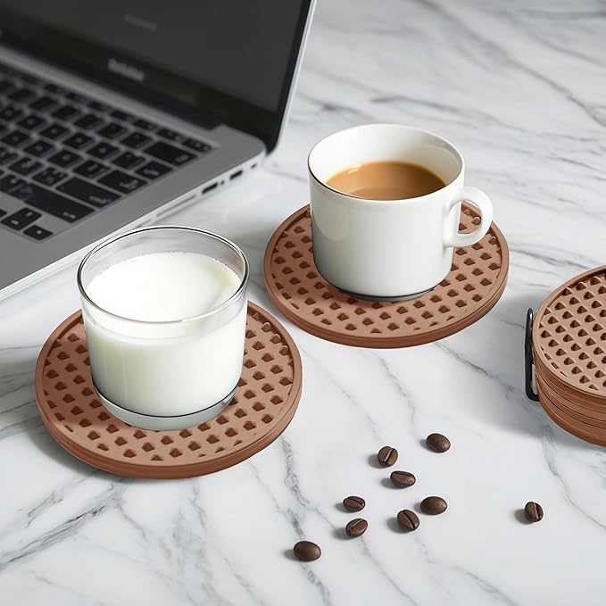 Coasters for Drinks, Silicone Coasters Set of 6 with Metal Holder, Outdoor Coaster for Coffee Table, Non-Slip Rubber Table Cup Mat Desk, Heat Resistant & Scratch-Proof (Tawny)