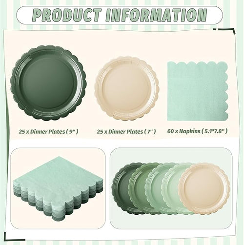 200pcs Sage Green Plates and Napkins Tableware Set Serve 50 Guests Includes Scalloped 9" 7" Paper Dessert Dinner Plate Green Series Napkins for Spring Birthday Wedding Baby Shower Tea Party