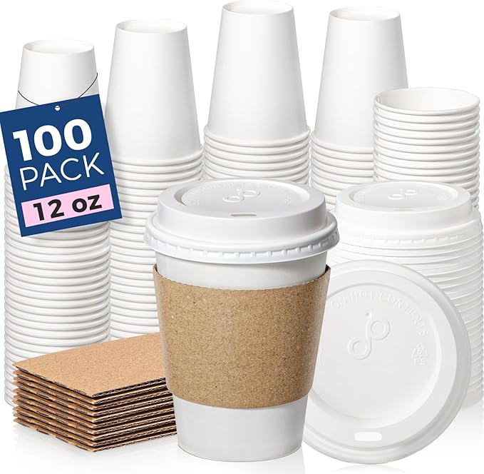 Fit Meal Prep 100 Pack 12 oz Disposable Coffee Cups with Lids, Sleeves, Leak-Proof To Go Coffee Cups with Lids, Durable Hot Paper Cups for Hot Cocoa and Coffee Bar Supplies
