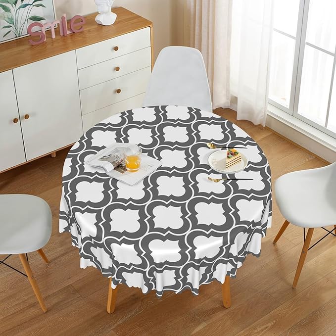 Laeacco 48 Inch Morocco Round Tablecloth Grey White Geometric Lattice Modern Abstract Art Print Table Cloth Washable Waterproof Wrinkle Free Table Cover for Kitchen Dining Picnic Party Decoration