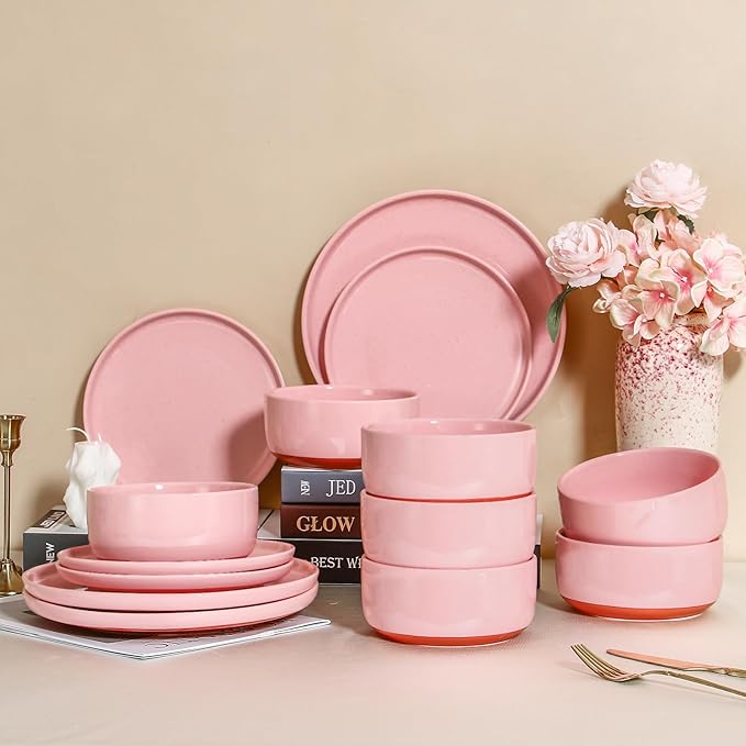 GZG Modern Art Series - 12 Pcs Speckled Stoneware Plates and Bowls Sets, Ceramic Dinnerware Set with Rustic Terracotta Underside, Microwave and Dishwasher Safe Handcrafted Dishes Set - Blush Pink