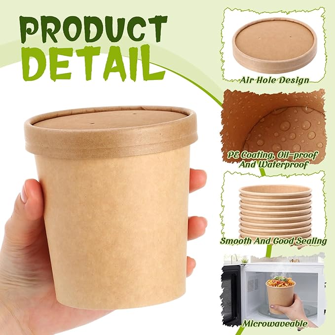 Fulmoon 100 Pack Paper Soup Containers with Lids Disposable Paper Food Containers with Vented Lid Kraft Ice Cream Cake Dessert Cups Soup Bowl for Party Hot Food Fruit Microwave(16 oz,Brown)