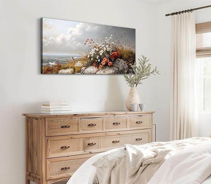 ADJUVANT Wall Art Vintage Coastal Floral Scene 40"L x 20"W, Seaside Wildflowers By The Ocean Canvas Painting Nature Artwork Coastal Blooms Prints Botanic Decor for Living Room Bedroom Bathroom Home Office