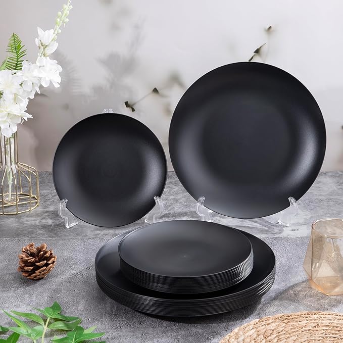 EI enjonirinjonir 80pcs Black Plastic Plates Disposable for Dinner,10.25inch Party Plates Disposable Heavy Duty,Elegant Matte Plastic Plate Frosted is Ideal for Wedding/Birthday//Tables Decoration
