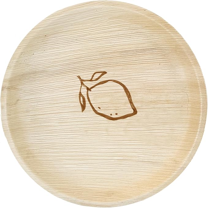 NEATtable Palm Leaf Plates | Lemon Design | Disposable & Compostable | Eco Friendly & 100% Natural | Great for Outdoor Events, Wedding, Party, Barbecues | 8-inch Round Plate, Pack of 25