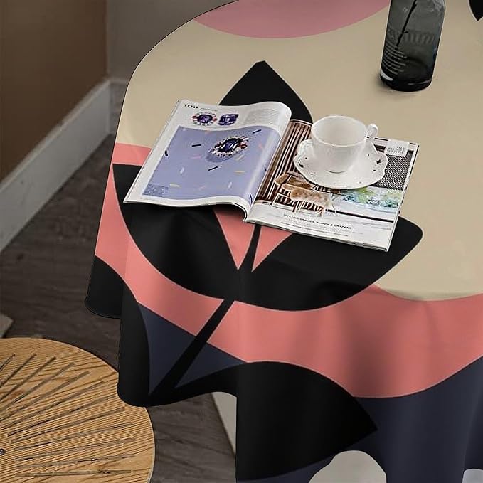 Medieval Bohemian Abstract Round Tablecloth, Mid Century Modern Leaves Geometric Tablecloth for Home Party Dining Room Kitchen Decor 36Inch(90cm)