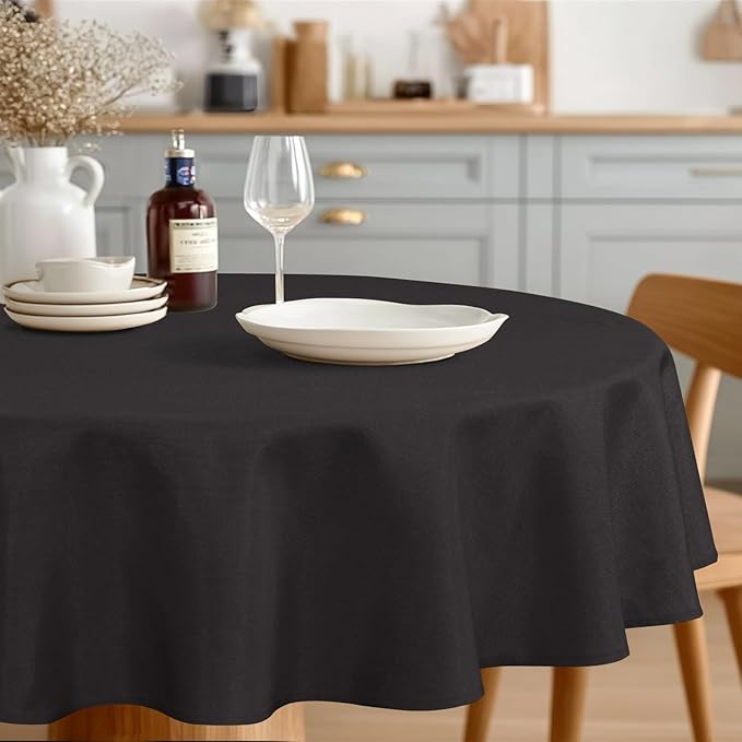 JIUZHEN Round Tablecloth Linen Textured Wrinkle Stain Resistant Farmhouse Table Cloth Decorative Fabric for Kitchen, Dining, Party, Wedding,Outdoor Use,90 Inch Round,Black