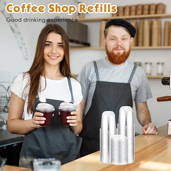 Baderke 50 Pcs Plastic Cups with Sip Lids Round Bottom Disposable Plastic Coffee Cups with Lids Clear Strawless Crystal Mugs for Iced Coffee Smoothie Cold Beverage Party Catering Supplies (12 oz)