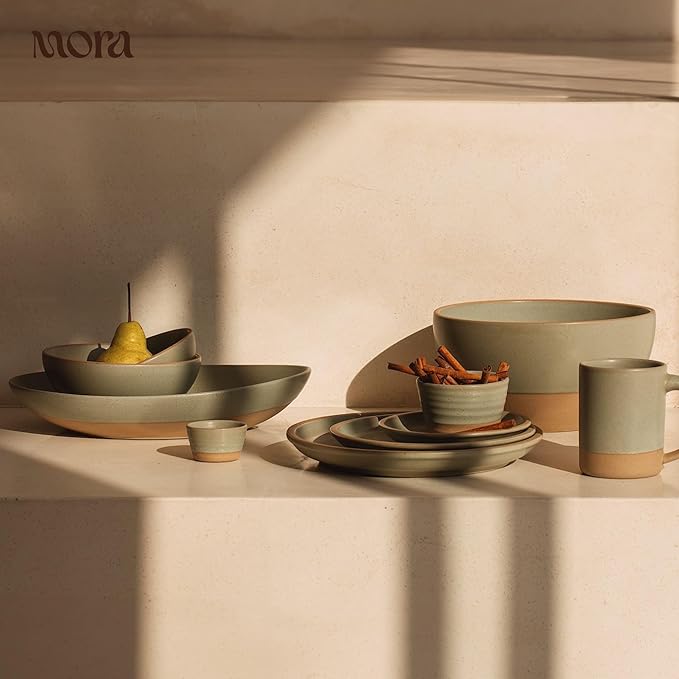 MORA Large Plates Set of 4, 10.5 inch Ceramic Pottery Dinner Plates - Microwave, Oven and Dishwasher Safe - Thyme