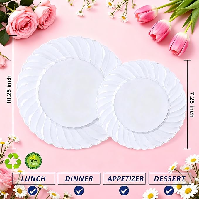 U-QE 60 Pcs White Plastic Plates for Party – Scalloped Plastic Plates Heavy Duty & Elegant – Include 30 10" Dinner & 30 7" Dessert Plate - Perfect for Party & Wedding