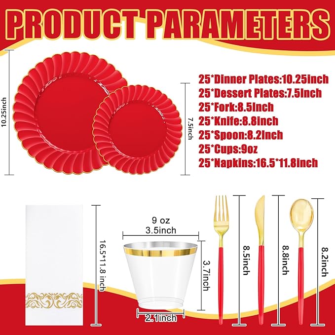 Ciaell 175 PCS Red Scalloped Plastic Plates with Gold Trim - Red Plastic Silverware with Handle - Fancy High-End Dinnerware Sets for Wedding & Valentine's Day & Party