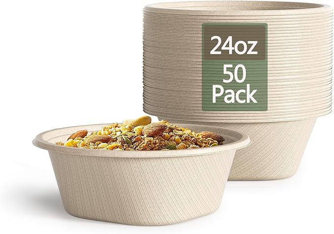 24 Oz Disposable Paper Bowls - Heavy Duty Disposable Bowls - Made from Natural Bagasse - Disposable Bowls for Hot Soup, Salad, Dessert, and More [50 Pack]