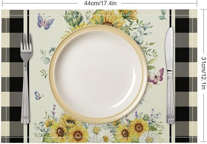 Vintage Sunflower Theme Placemat Set, Rustic Farmhouse Vivid Lavender Floral Butterflly Black White Check Pattern Home Decor Linen Table Mats for Dining Room Kitchen Party (17x12in) x4P