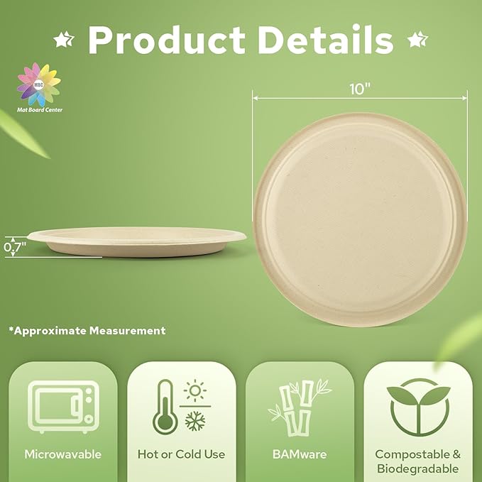 Mat Board Center, 10-Inch, 500-Count, Compostable Plates, Natural Bamboo Fibers, Everyday Tableware - Disposable Round Shape - Microwave-Safe - Gluten-Free - Eco-Friendly