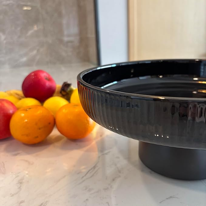 Ceramic Fruit Bowl,11" Black Fruit Bowl for Kitchen Counter, Pedestal Bowl, Kitchen Counter Décor, Key Holder Bowl, Extra Large (Black)