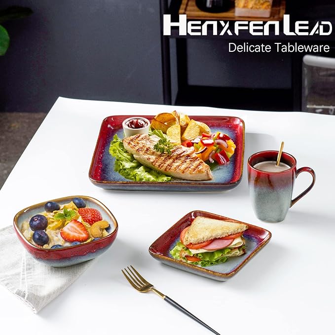 HENXFEN LEAD Small Square Plates 6.3 Inch – Ceramic Dessert, Appetizer & Snack Plates Microwave & Dishwasher Safe – Set of 4, Reactive Glaze Red