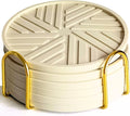 Beige Silicone Drinks Coasters Set of 6 - with Gold Holder, Smart Modern Grooved Pattern to Prevent Sticking from Cups, Protecs to Coffee Tables - Boho Vinatge Home Office bar Decor