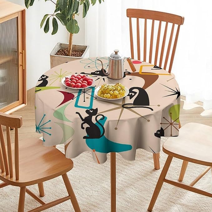 Mid Century Black Cat Round Tablecloth, Bohemian Modern Colorful Abstract Geometric Retro Art Bohemian Tablecloth for Home Party Dining Room Kitchen Decor 60Inch(152cm)