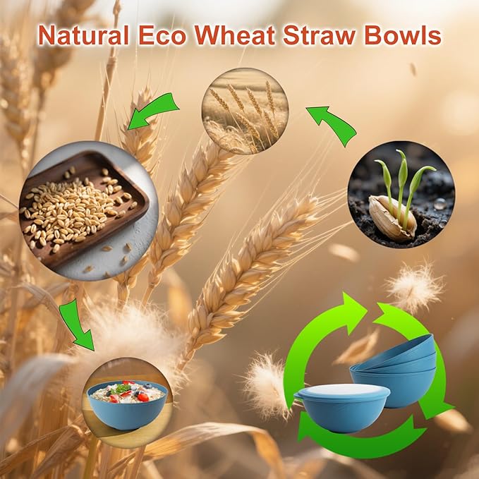 Wrova wheat straw bowls with lids set of 4, 40oz cereal bowls with covers,unbreakable salad container for lunch, dishwasher safe bowl sets for kitchen. Blue