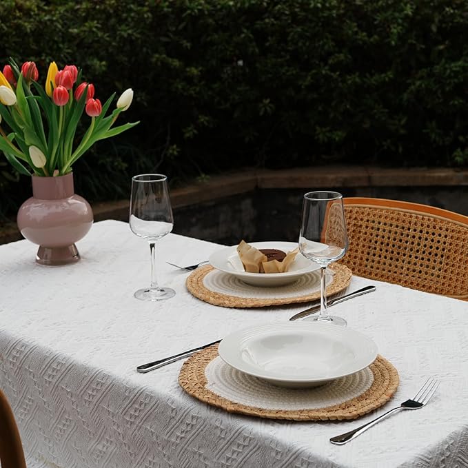 ANDSTAR Round Woven Placemats Set of 4, 12"x12", Natural Wicker Placemats, Water Hyacinth Straw Braided Placemats,Boho Place Mats for Farmhouse, Rustic Table (Water Hyacinth + White Cotton Rope)