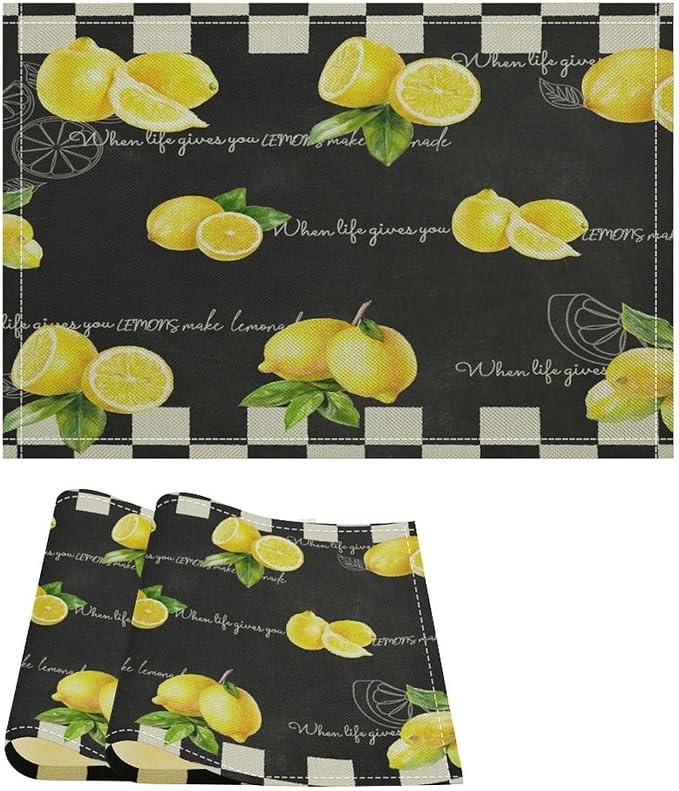 Vintage Lemon Placemat Set, Rustic Farmhouse Yellow Orange Fruit Leaves Black White Plaid Quotes Seamless Pattern Home Decor Linen Table Mats for Dining Room Kitchen Party (17x12in) x2P