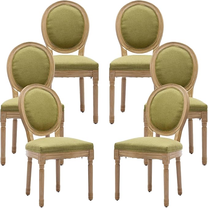 Vintage French Dining Chairs Set of 6, Round Back Upholstered Accent Chairs in Linen Fabric with Solid Wood Frame, Farmhouse Sillas de Comedor for Dining Room & Kitchen, Olive Green