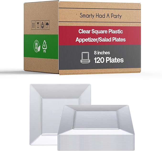 Smarty Had A Party 120 Disposable Plastic Dessert Plates, 8" Square Clear Salad Plates for Appetizers and Buffets, Heavy Duty Bulk Supplies for Parties
