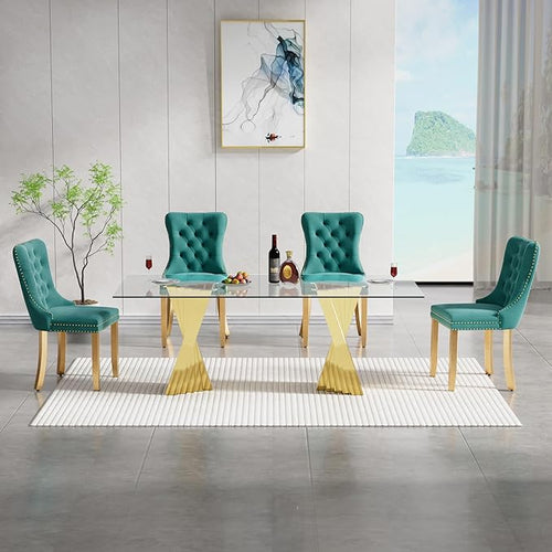 5 Piece Glass Dining Table Set,70" Dinner Room Glass Table Set for 4,Modern Kitchen Dinner Table Set with Stainless Steel Base and 4 Upholstered Velvet Dining Chairs for Living Dining Room