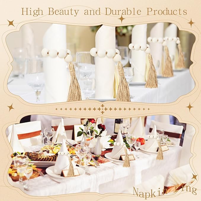 Maxcheck 60 Pcs Wood Bead Napkin Rings with Tassel Handmade Wooden Farmhouse Napkin Ring Natural Beaded Napkin Ring Holders for Tabletop Dining Party Wedding Gathering Home Decoration (Rustic)