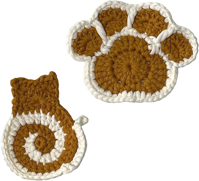 UMIRRO Handwoven Drink Coasters for Coffee Table, Cute Themed Gifts for Cat Lovers, Home Kitchen Decor for Room - Cat Butt & Paw Print, Set of 2