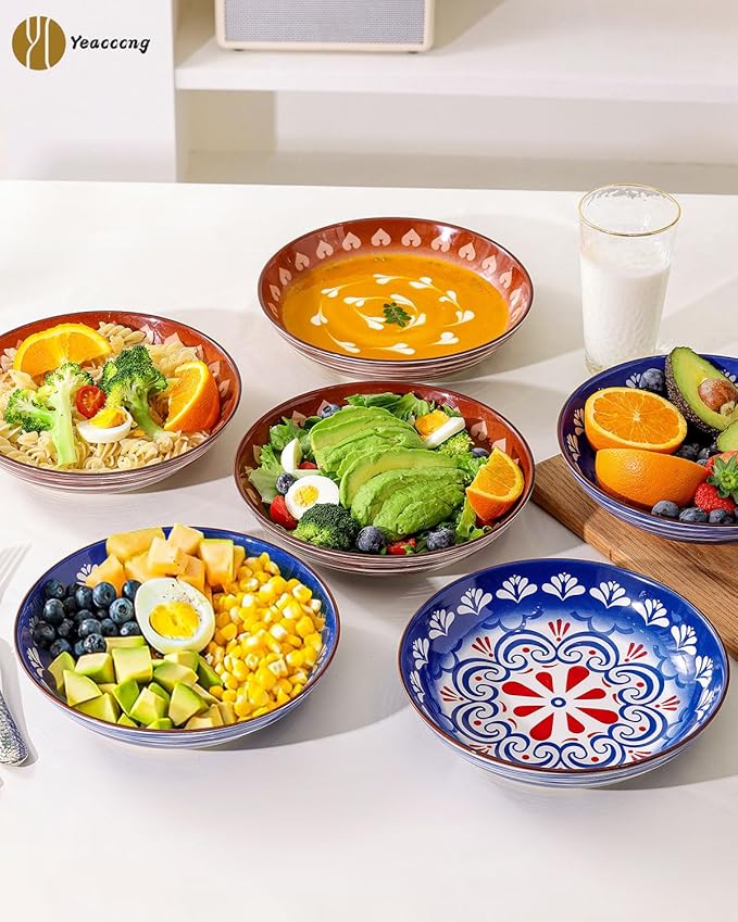 Yeacccng Pasta Bowls Set of 6, 35 Oz Ceramic Large Salad Bowl, 8.5 Inch Colorful Serving Bowls for Kitchen, Dishwasher & Microwave Safe, Scratch-Resistant, Lead-Free (Blue*6)