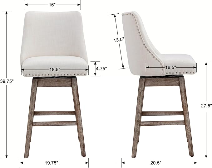 27.5" Counter Height Bar Stools Set of 3, Linen Fabric Mid Century Modern Swivel Barstools with Back & Wood Legs Comfy Upholstered Counter Chairs for Home Bar/Dining Room/Restaurant, Cream