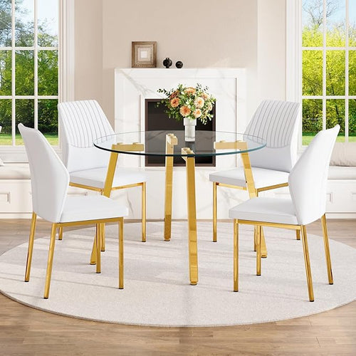 42" Round Glass Dining Table Set for 4,Modern Breakfast Table Set for 4 with Luxury Gold Chrome Legs,Space Saving Kitchen Table and White Chairs for Apartment,Easy Assembly
