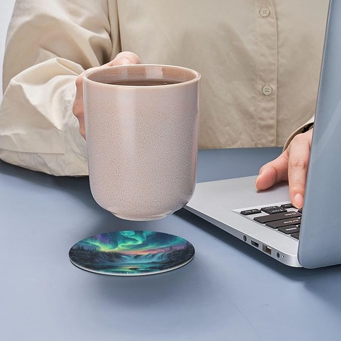 Northern Lights Coasters for Drinks with Holder Round Leather Coasters Set of 6 Cups Mugs Mat Pad for Home Kitchen Bar